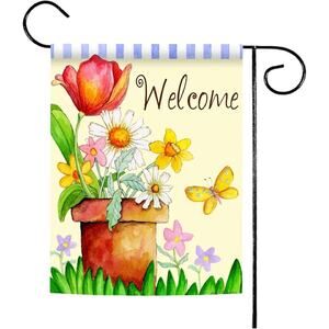 Toland Home Potted Flowers with butterfly Welcome Flag 12" x18" Printed in USA